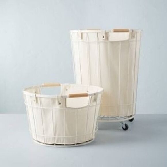 Hearth & Hand Magnolia 24" Large Wire & Fabric Laundry Hamper Wheels Sour Cream - Picture 5 of 7